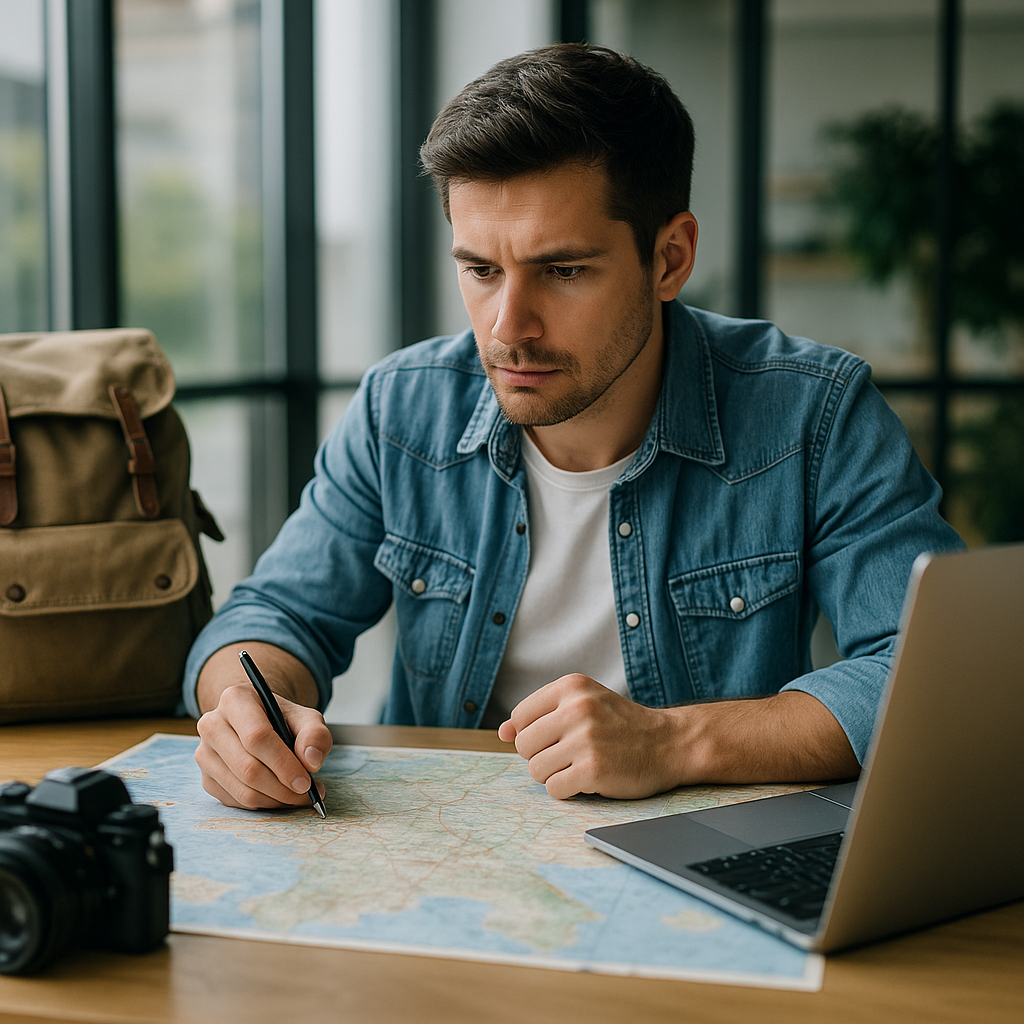 Viajante planejando roteiro com mapa e laptop